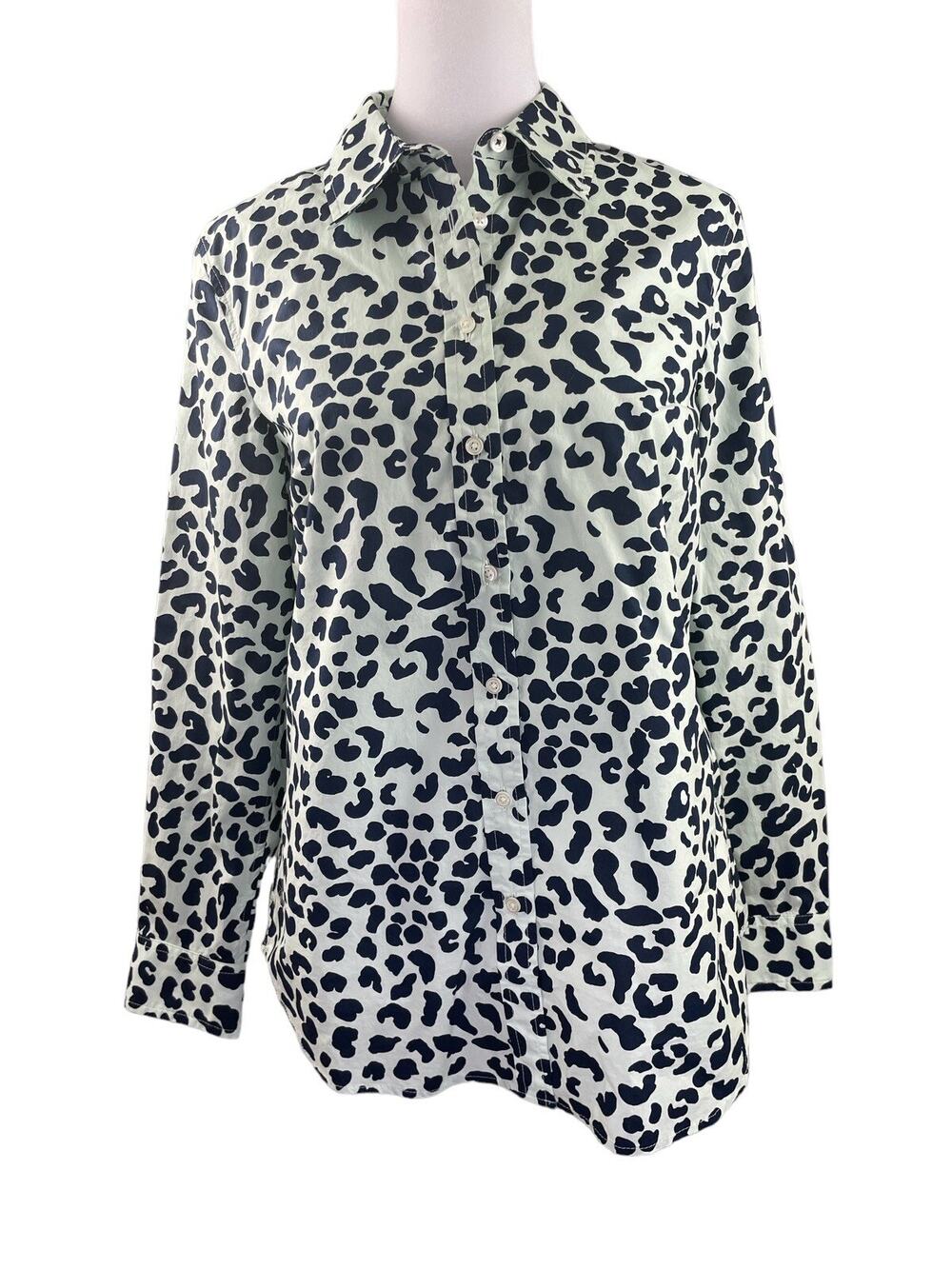 Talbots S Blouse Button Up Long Sleeve Green Blue Leopard Print Shirt Cotton